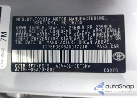 2010 Toyota Camry Se z USA, uszkodzony, nr VIN 4T1BF3EK8AU017248